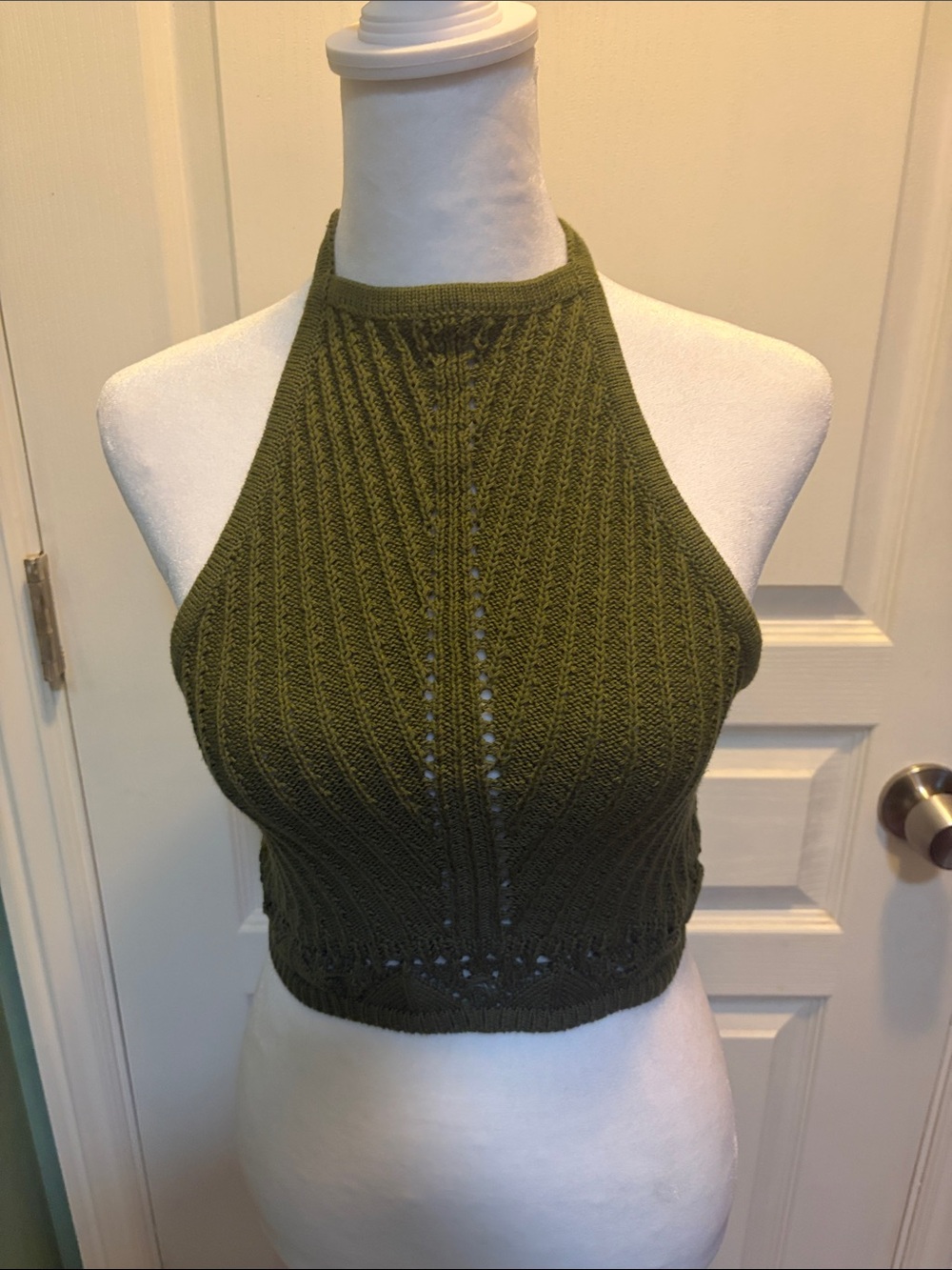 Sky and Sparrow Olive Halter Knit Crop Top
